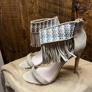 Chinese Laundry Beige and Blue Fringe Heels